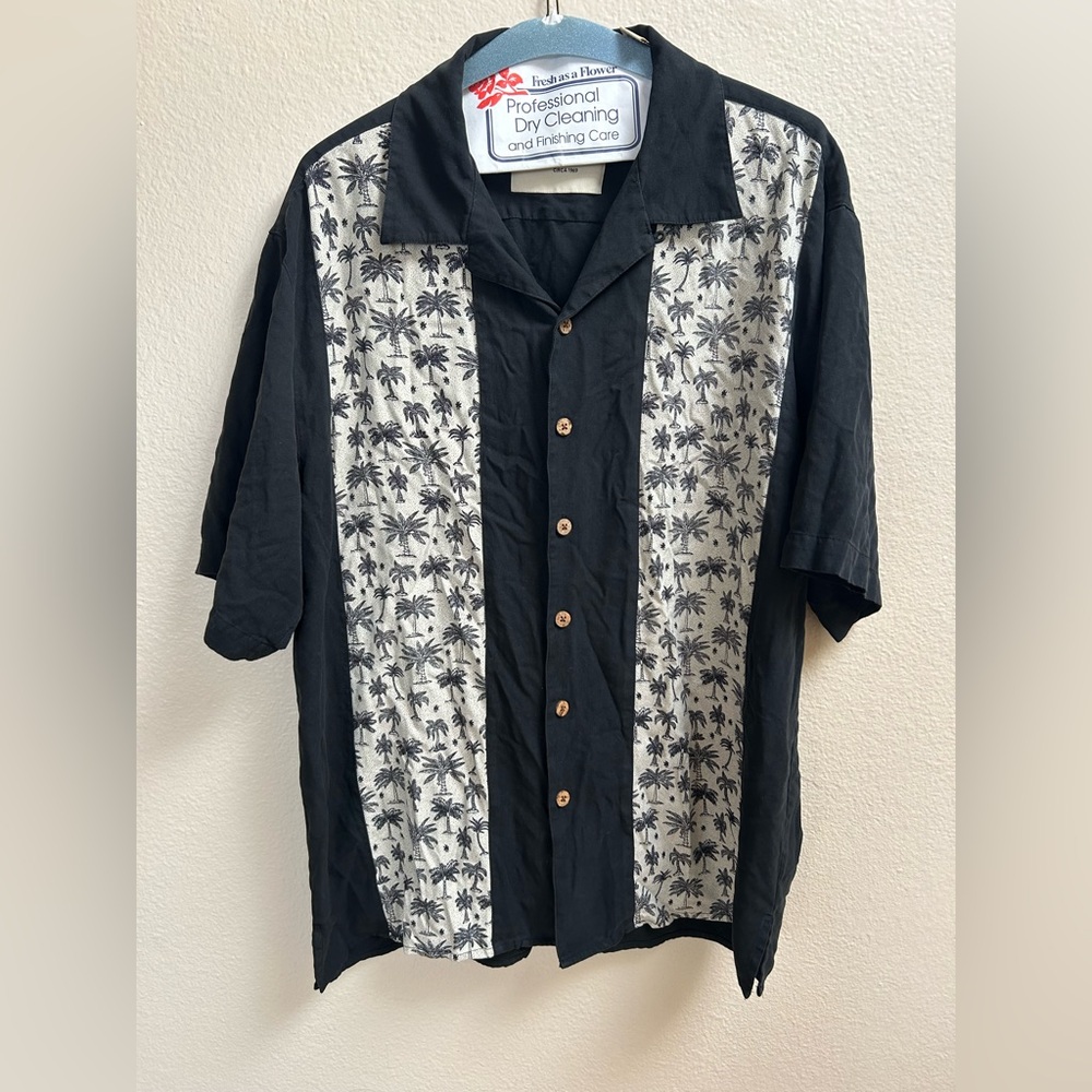Vintage Silk Men’s Hawaiian Shirt 100% Silk Palm Tree Black Gray Size L